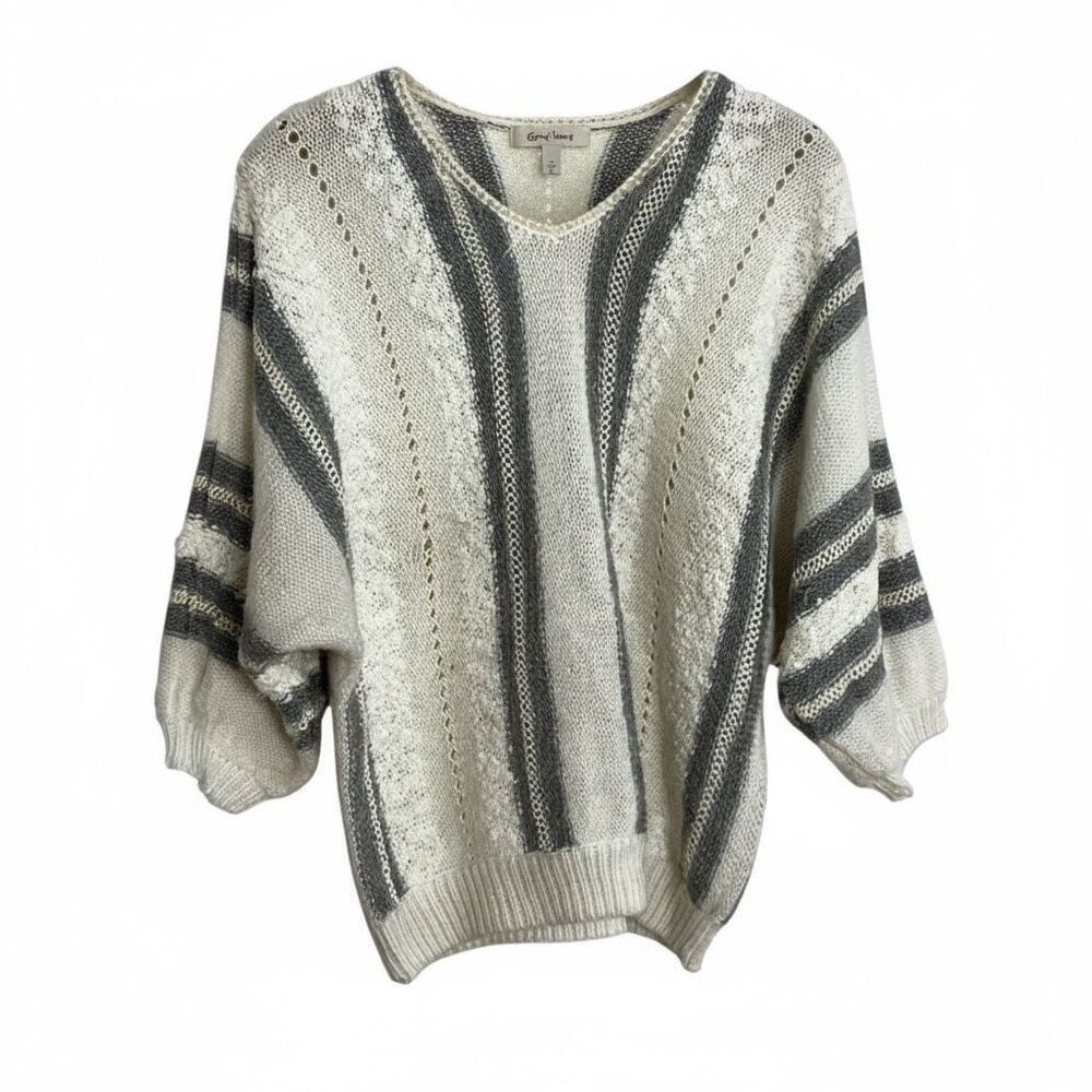 Style Impax Stripe V-Neck Balloon Sleeve Knit Pullover Sweater Gray Cream 40/20W